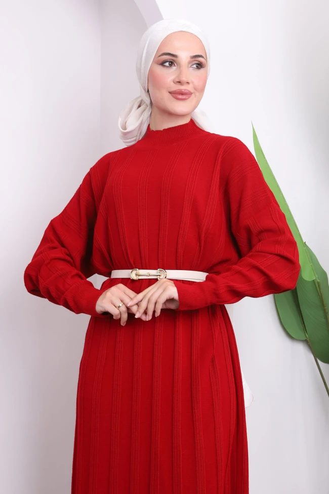 Kırmızı Dik Yaka Merserize Triko Elbise