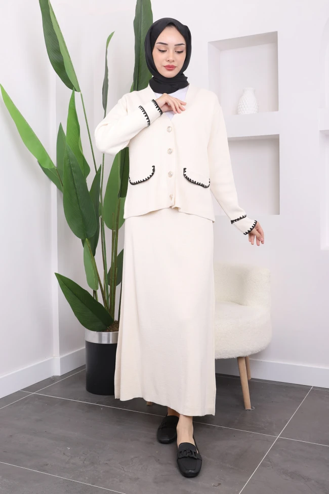 Krem Çoban Dikişli Etekli Triko Hırka Takım