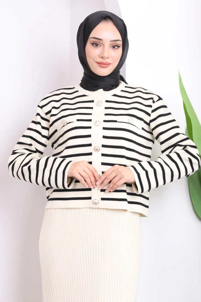 Krem Crop Hırka Elbise İkili Kombin Triko Takım