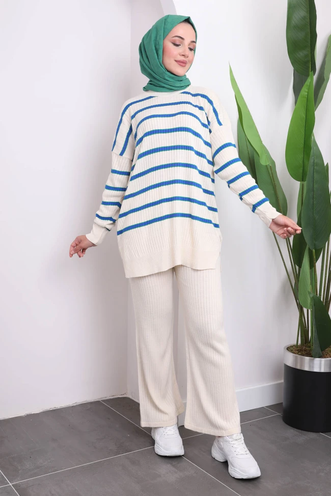 Krem/Mavi Çizgili Triko Tunik Pantolon Takım