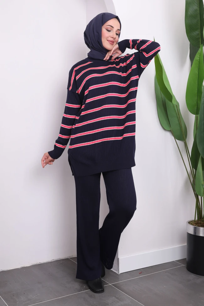 Lacivert Çizgili Triko Tunik Pantolon Takım