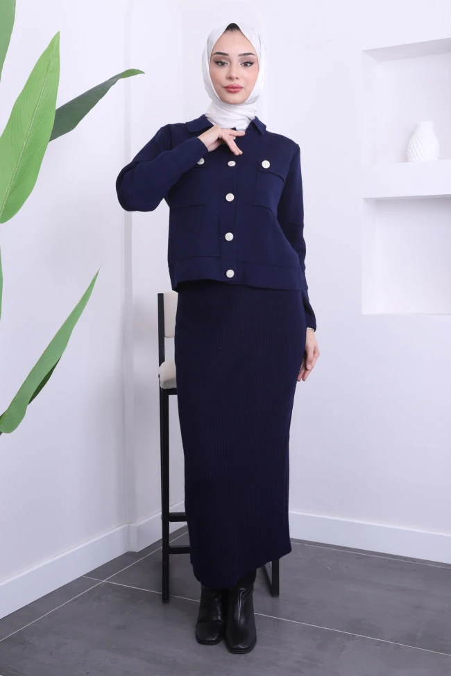 Lacivert Crop Hırka Etekli Triko Takım
