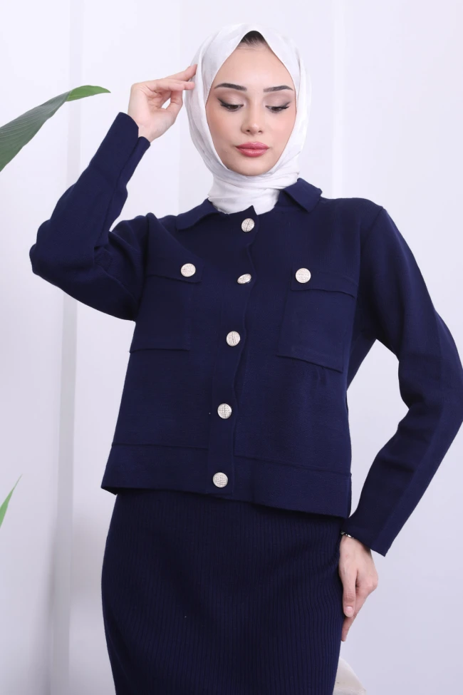 Lacivert Crop Hırka Etekli Triko Takım