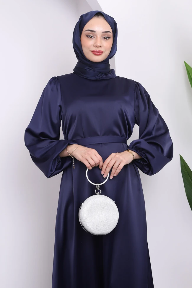 Lacivert Hakim Yaka Balon Kol Saten Elbise