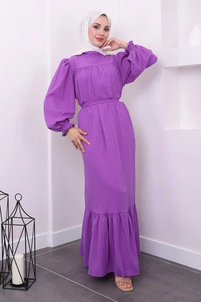 Lila Kol Gipeli Gofre Elbise