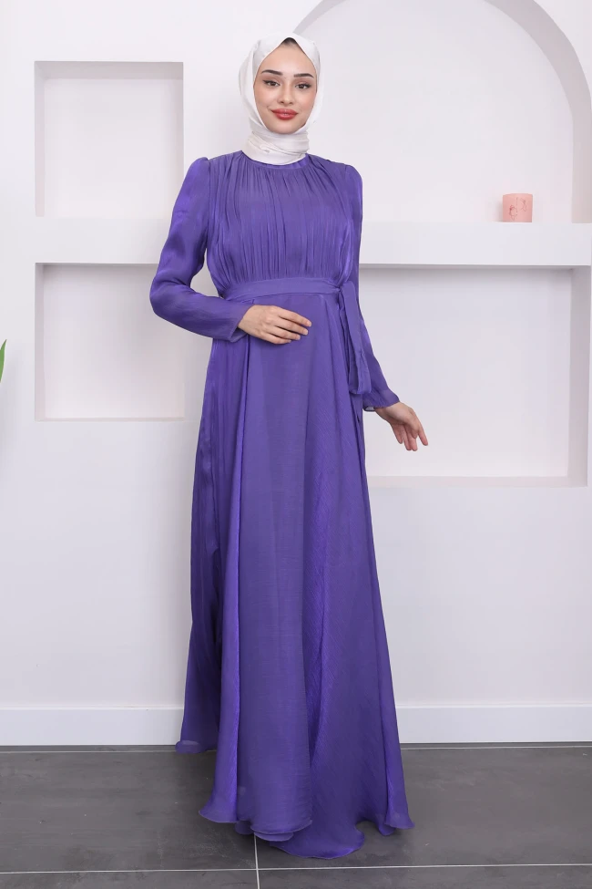 Mor Kuşaklı Ön Pileli Tül Abiye