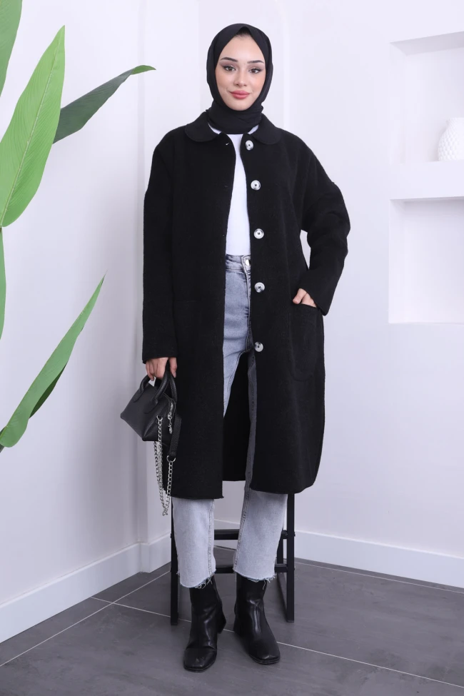 Siyah Angora Düğmeli Oversize Kaban