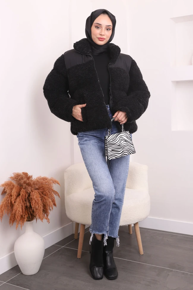 Siyah Cepli Peluş Kısa Mont