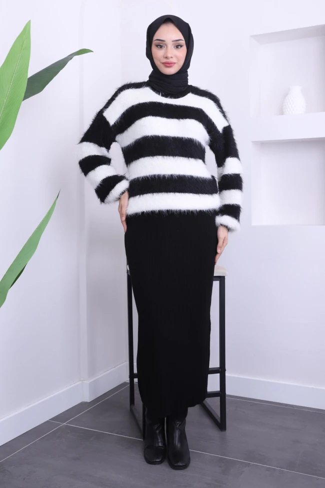 Siyah Çizgili Peluş Sakal Tiko Kazak