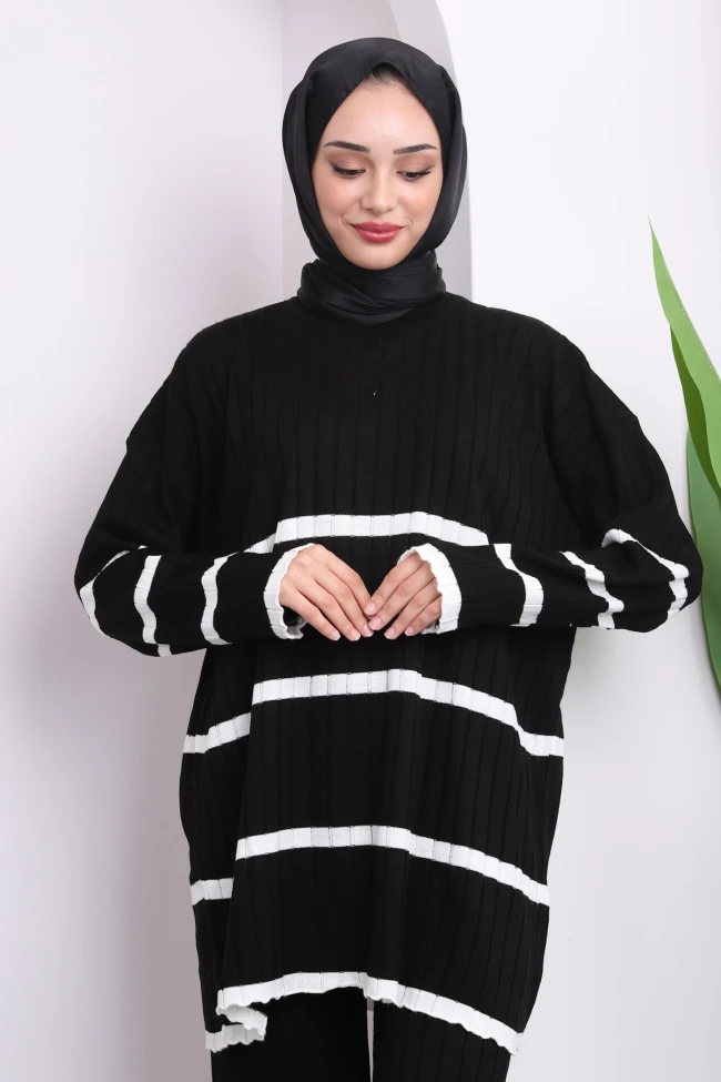 Siyah Çizgili Triko Tunik Pantolon İkili Takım