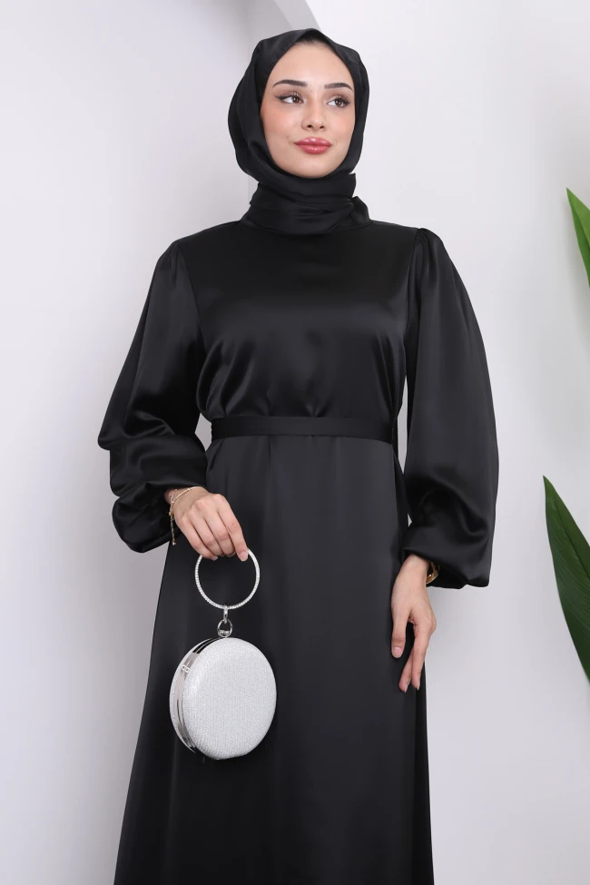 Siyah Hakim Yaka Balon Kol Saten Elbise