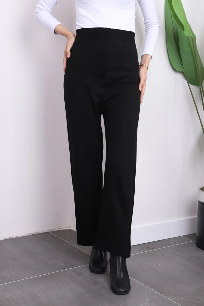 Siyah Yüksek Bel Bol Paça Triko Pantolon