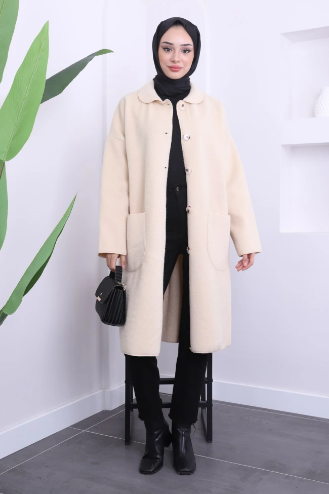 Taş Angora Düğmeli Oversize Kaban