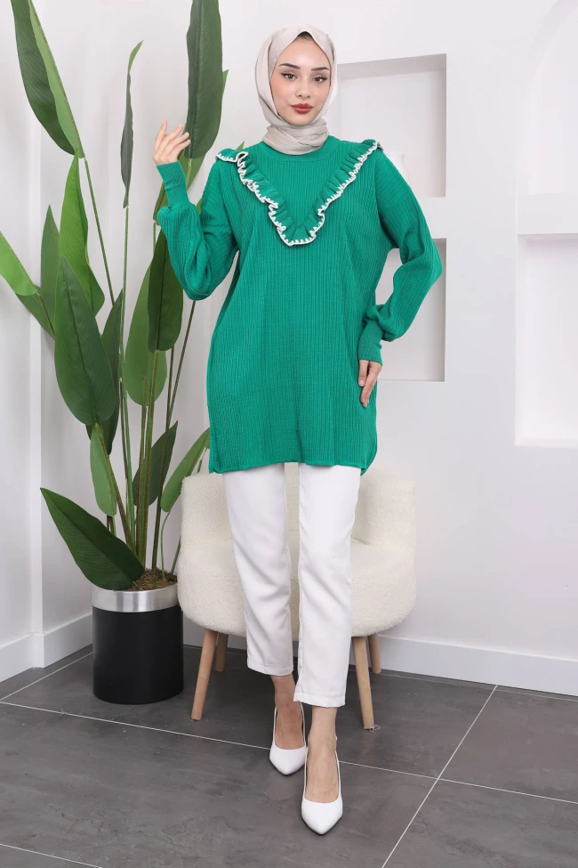 Yeşil Fırfırlı Fitilli Triko Tunik