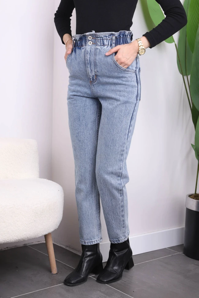 Açık Mavi Bel Lastikli Mom Jeans Pantolon