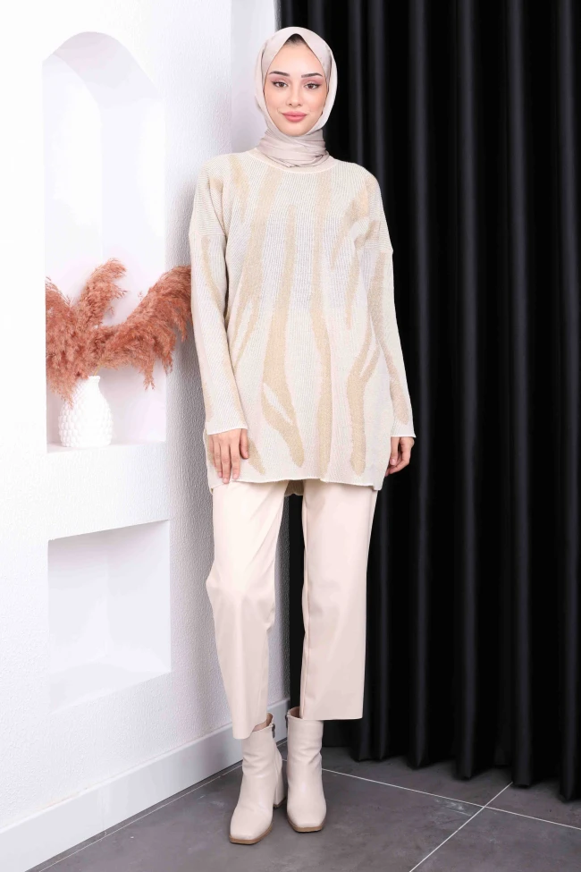 Bej Desenli Simli Triko Tunik