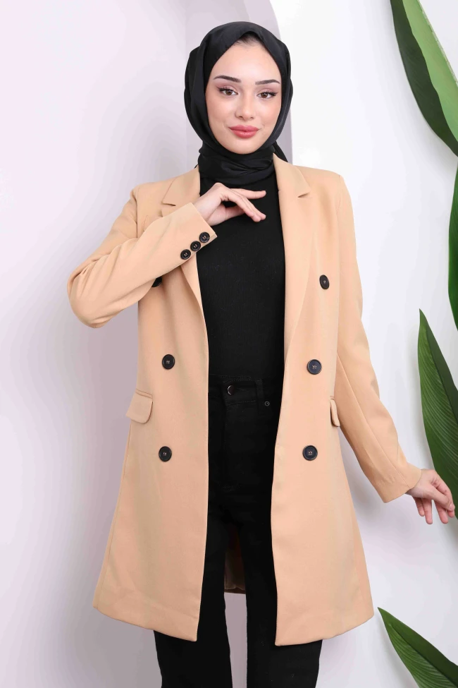 Bej Kruvaze Yaka Astarlı Ceket