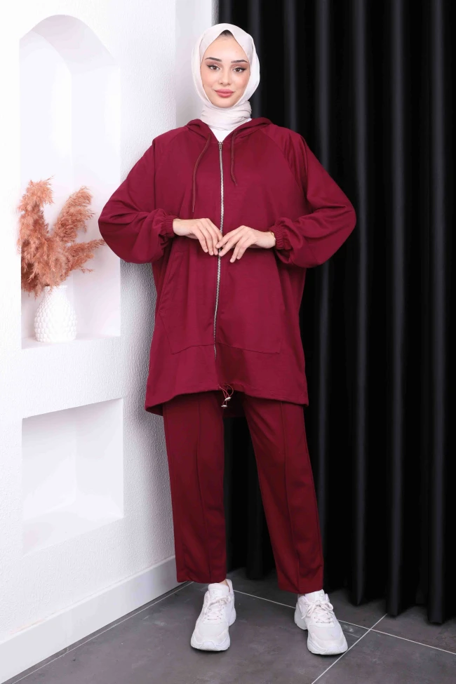 Bordo Kapüşonlu Modal Pantolonlu Takım