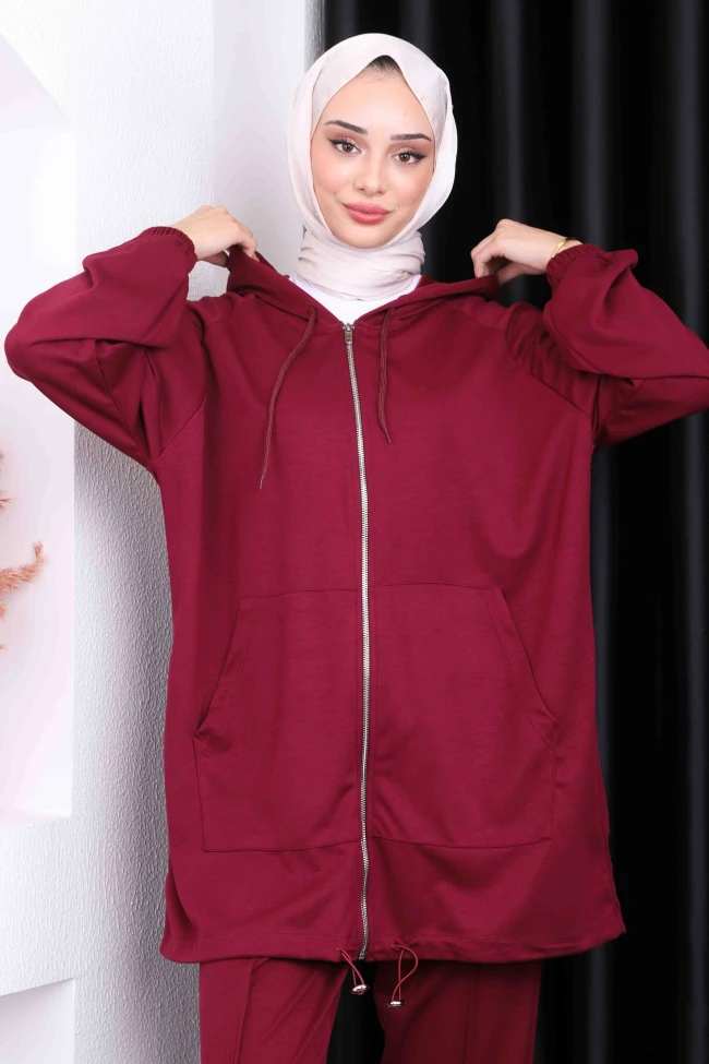 Bordo Kapüşonlu Modal Pantolonlu Takım