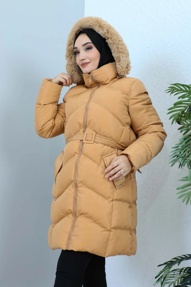 Camel Kapüşonlu Şişme Mont