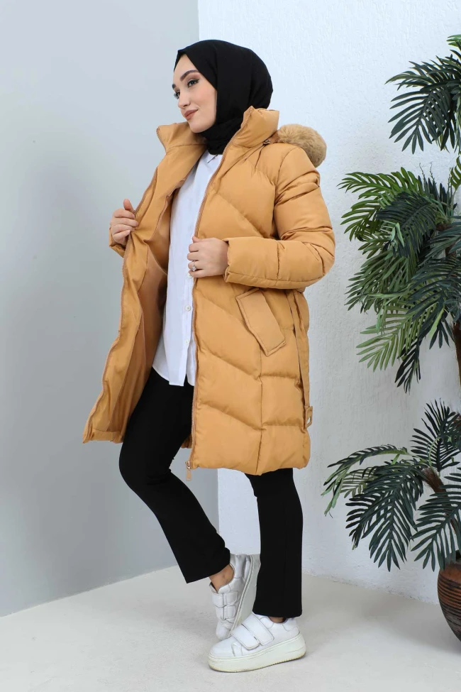 Camel Kapüşonlu Şişme Mont