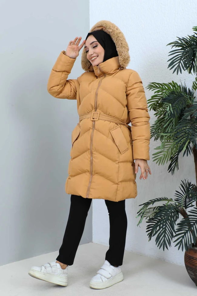 Camel Kapüşonlu Şişme Mont