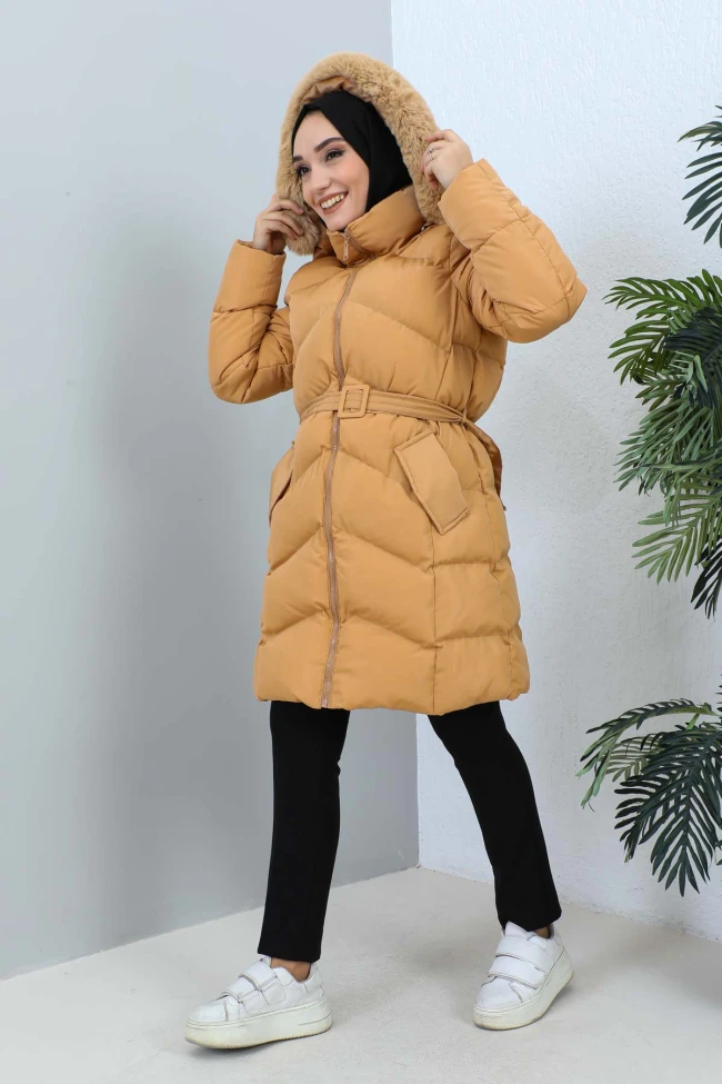Camel Kapüşonlu Şişme Mont