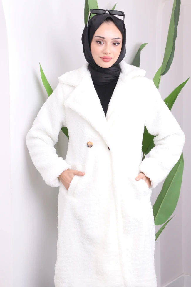 Ekru Cepli Angora Pelüş Kaban