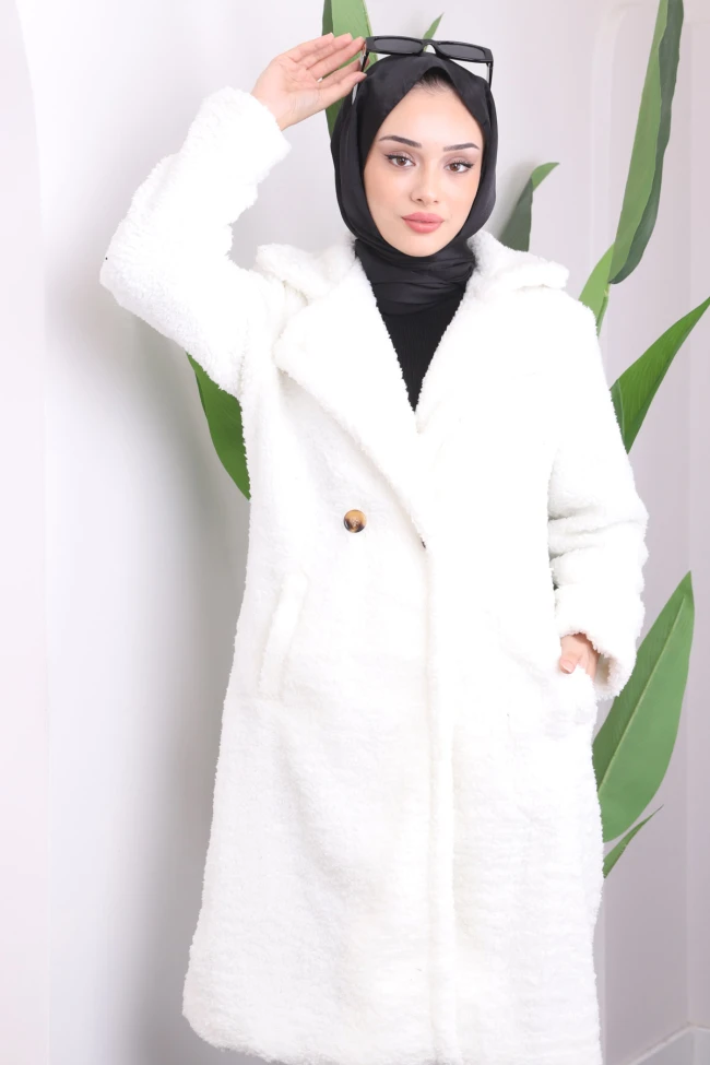 Ekru Cepli Angora Pelüş Kaban