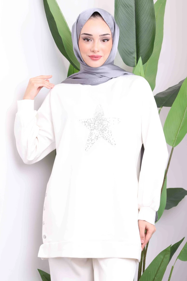 Ekru Pul Nakışlı Modal Tunik Pantolonlu Takım