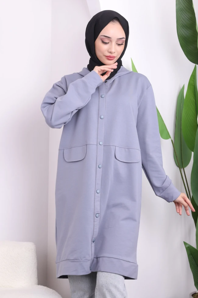 Gri Çıtçıtlı Kapüşonlu İki İplik Kap