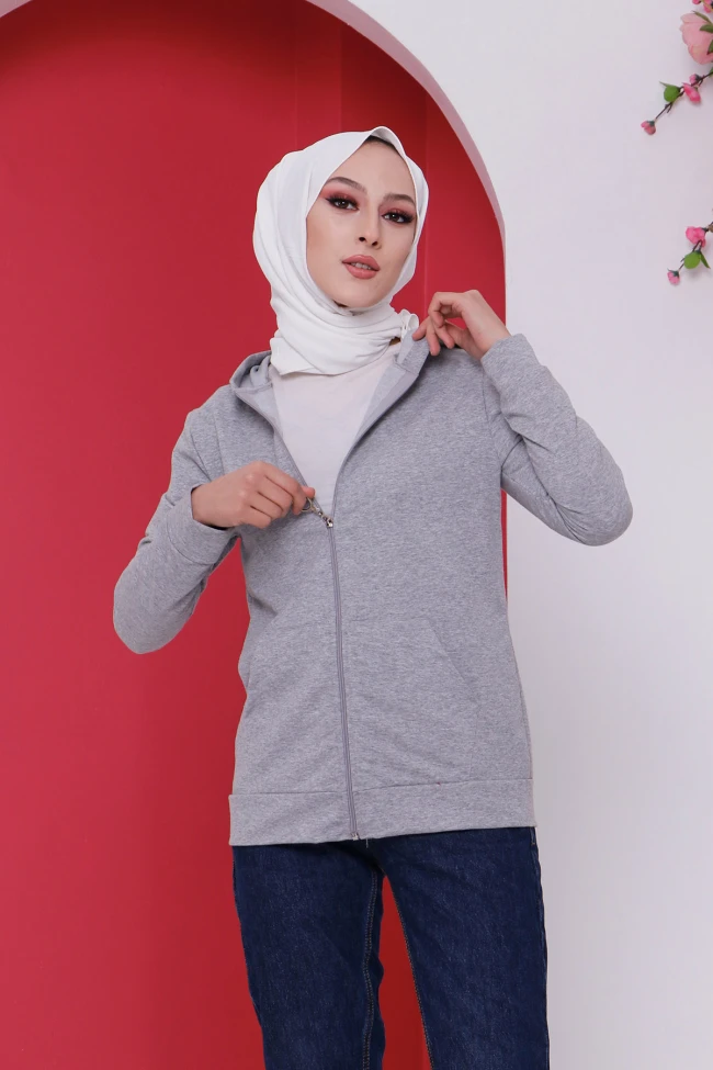 Gri Kapüşonlu Ön Fermuarlı Cepli Sweatshirt Hırka