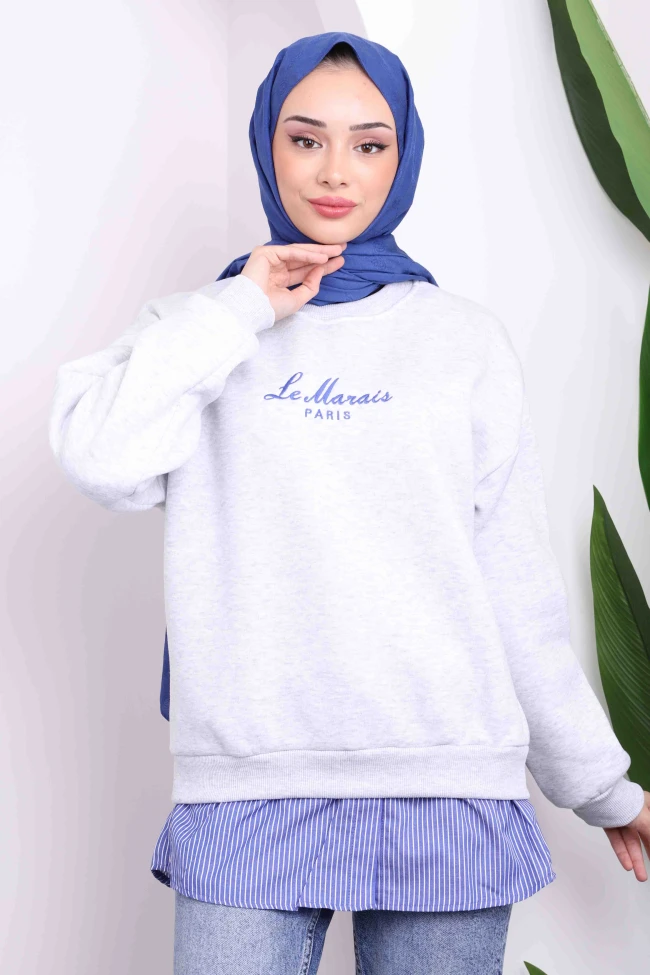 Gri Nakışlı Üç İplik Sweat