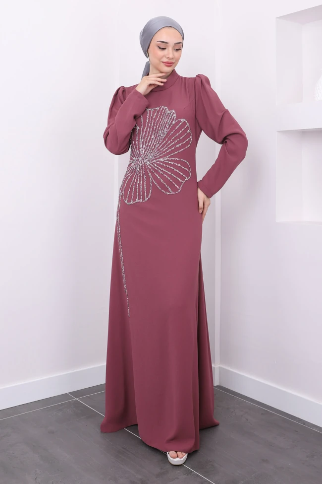 Gül Kurusu Önü Taş İşlemeli Nursema Abiye