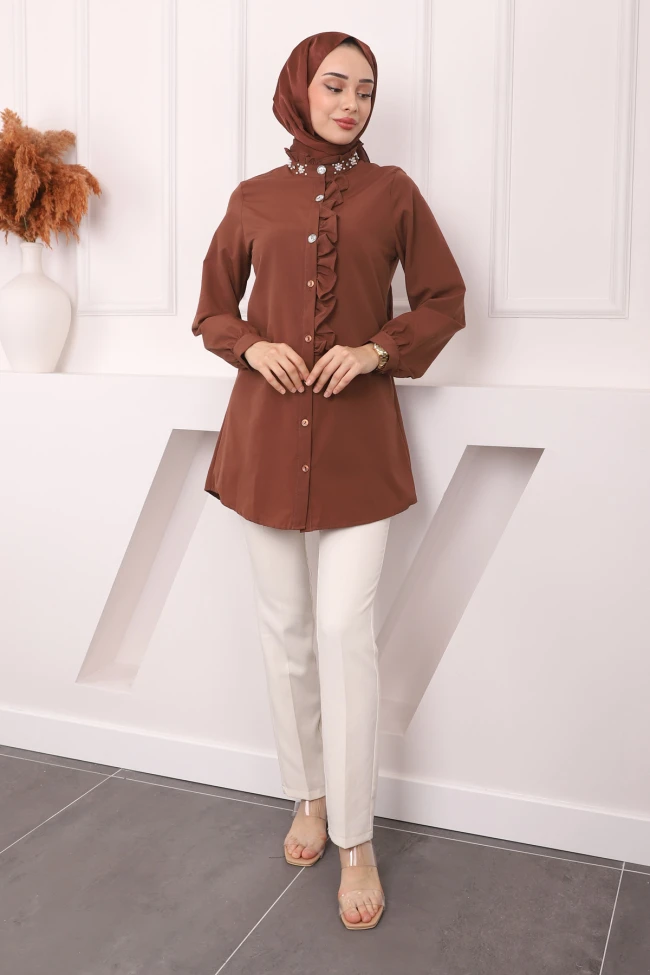 Kahverengi Yaka Taşlı Fırfırlı Poplin Tunik