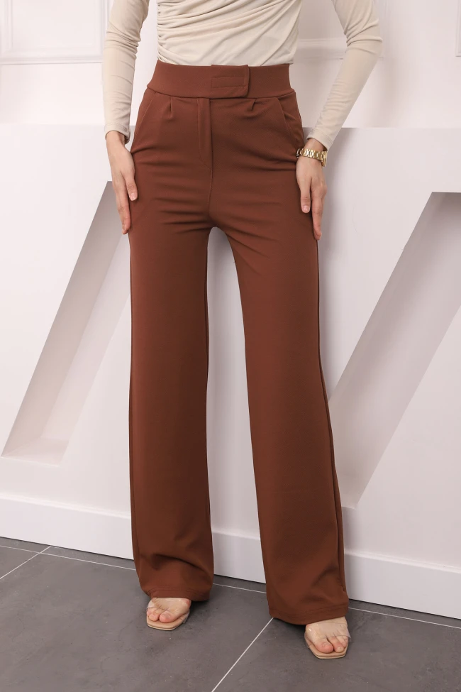 Kahverengi Yüksek Bel Beli Cırt Cırtlı Palozzo Pantolon