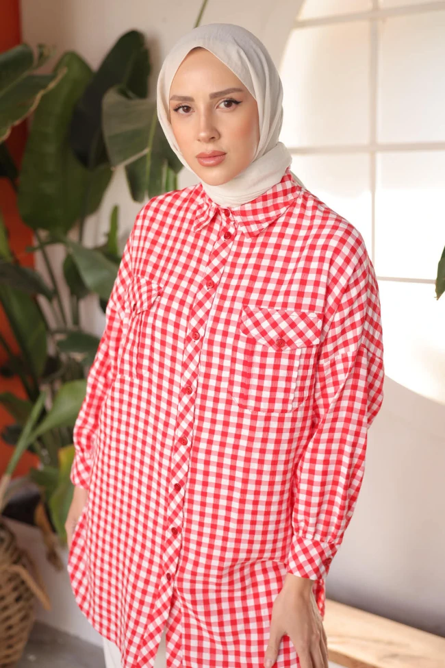 Kırmızı Yarasa Kol Ön Cepli Tunik