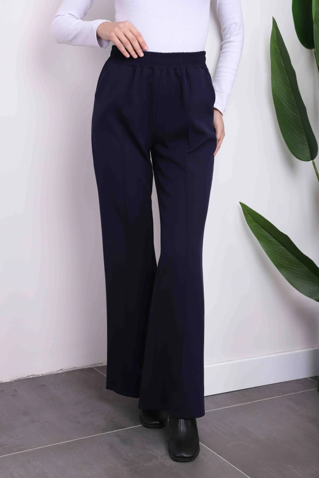 Lacivert Yüksek Bel İspanyol Paça Kumaş Pantolon