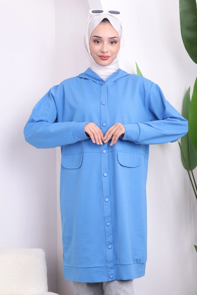 Mavi Çıtçıtlı Kapüşonlu İki İplik Kap