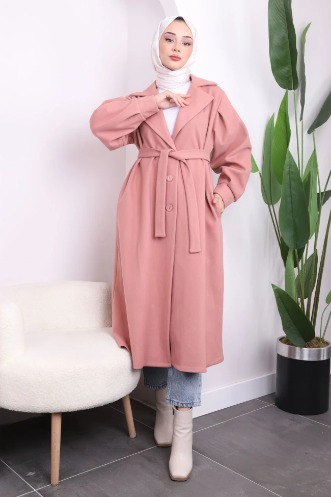 Pembe Kuruvaze Yaka Kaşe  Kaban