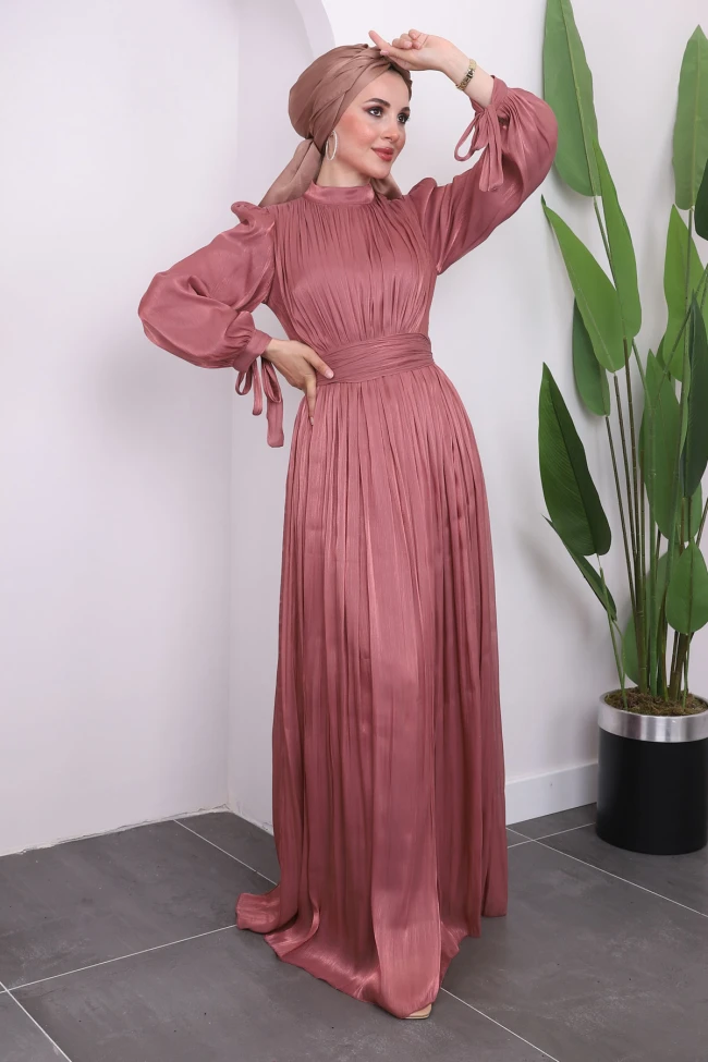 Pudra Kol Bağlamlı Piliseli Tül Abiye