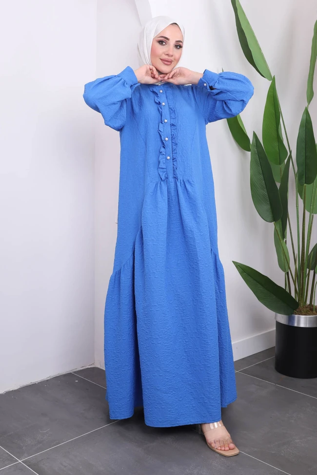 Saks Balon Kol Kendinden Desenli Elbise