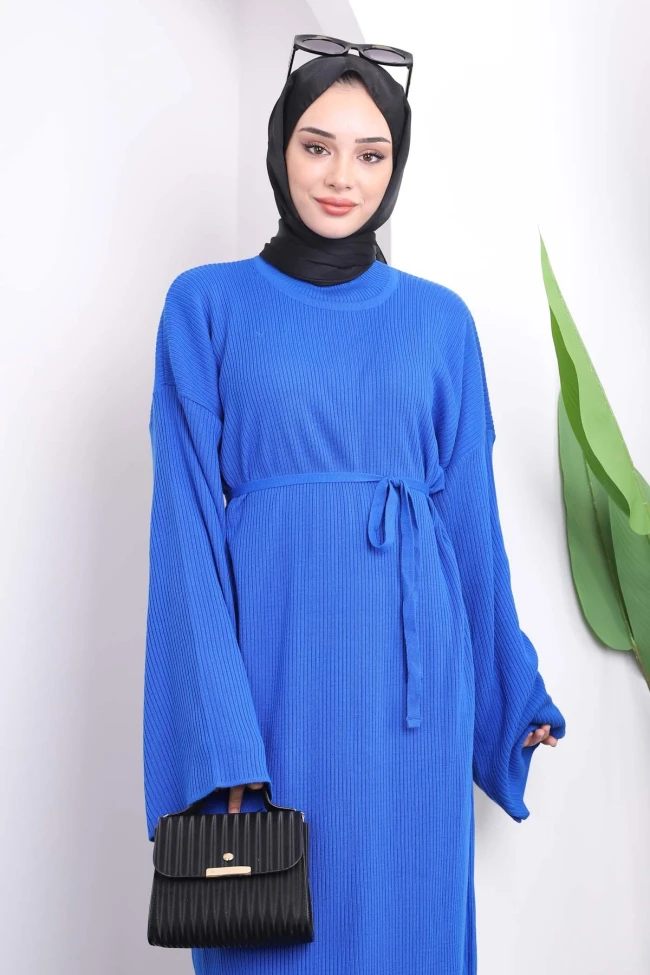 Saks Mavi Balıkçı Yaka Triko Elbise