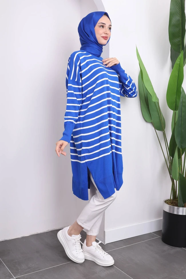 Saks Mavi Çizgili Yırtmaçlı Merserize Triko Tunik