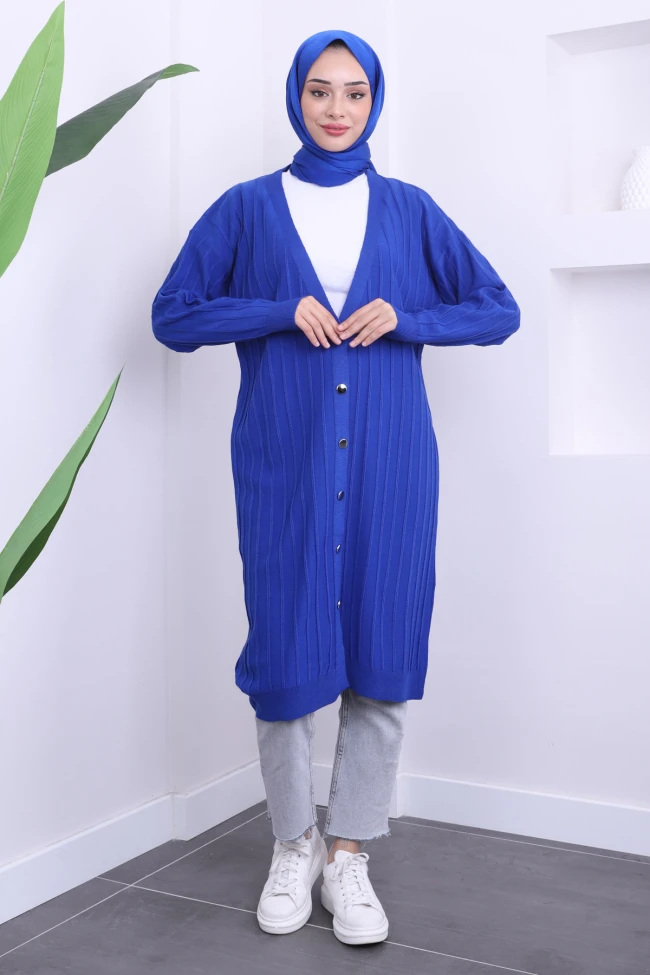 Saks Mavi Mevsimlik Merserize Salaş Triko Hırka