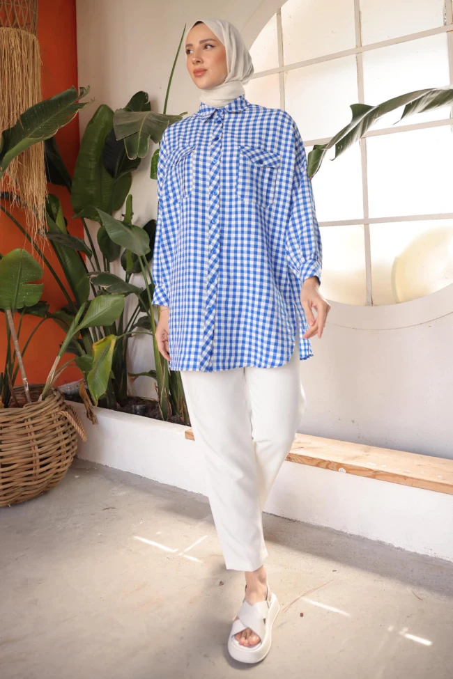 Saks Mavi Yarasa Kol Ön Cepli Tunik