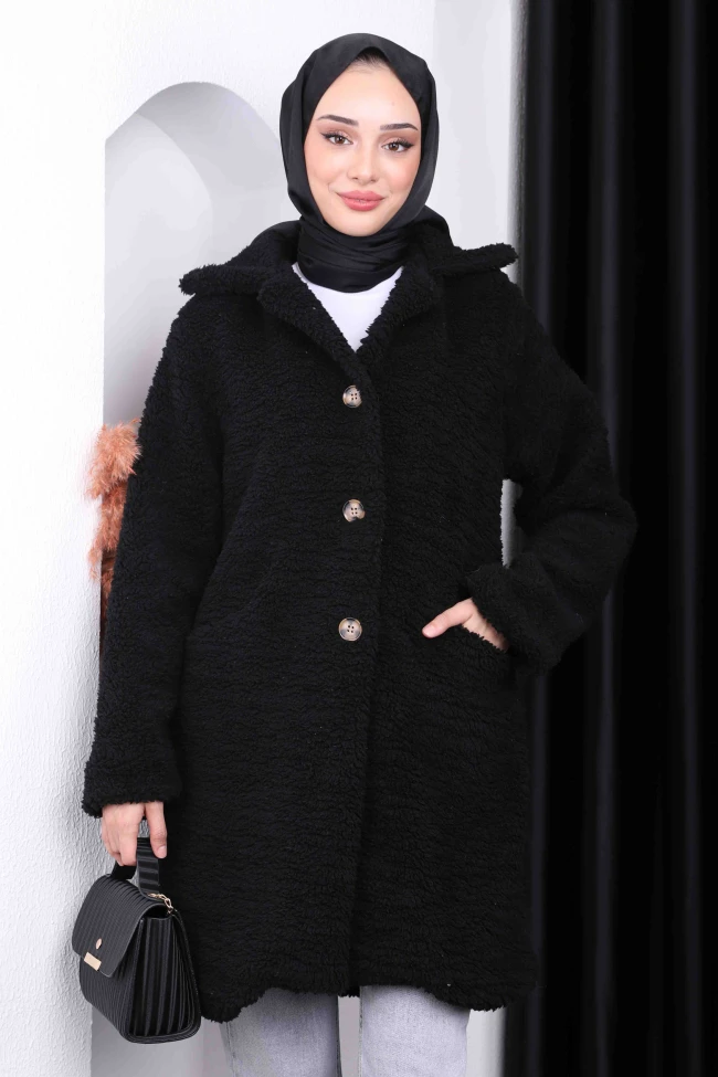 Siyah Düğmeli Angora Peluş Kaban