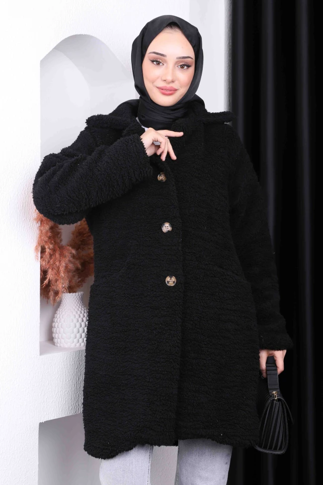 Siyah Düğmeli Angora Peluş Kaban