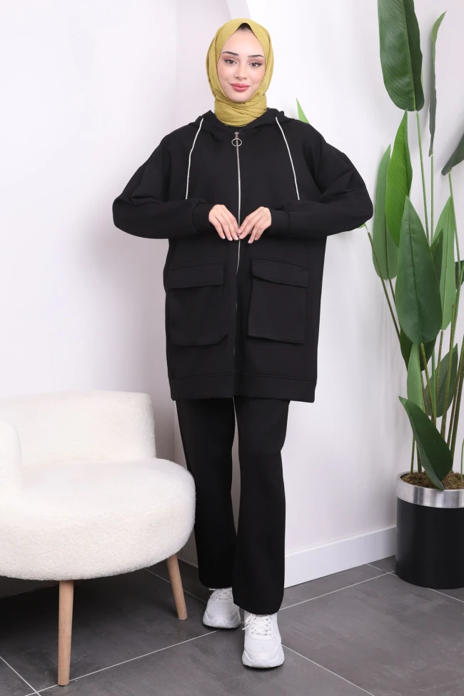 Siyah Kapüşonlu Fermuarlı Oys Takım