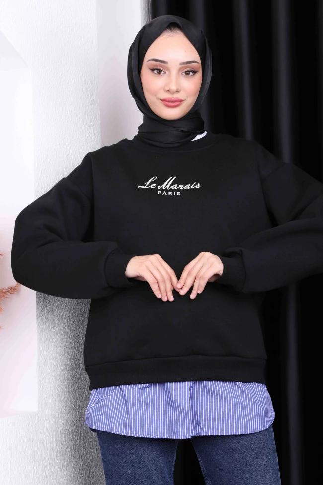 Siyah Nakışlı Üç İplik Sweat